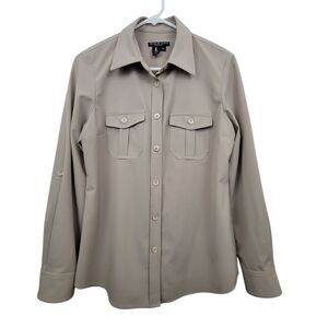 Peace Of Cloth Panticular Tan Button Up Shirt  Size Medium W/Sleeve Stain